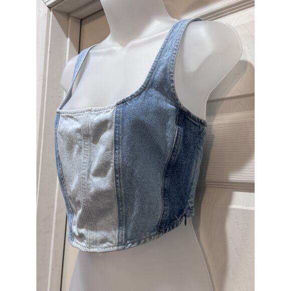 Patchwork Denim Cropped patchwork Sleeveless Halter Top Size Women’s Medium - Picture 2 of 11